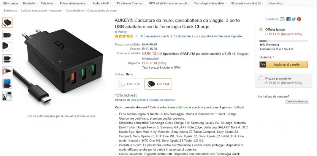 Caribatterie Aukey 3 porte USB