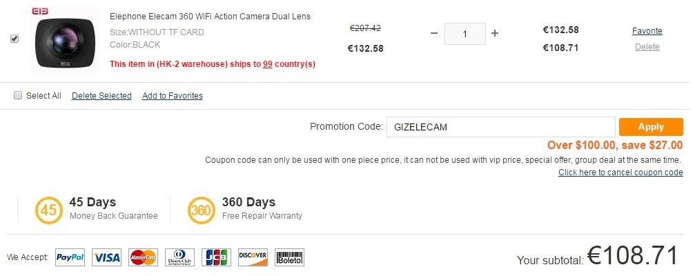 Elephone elecam 360 gearbest coupon offerta