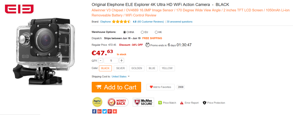 Elephone ELE Explorer 4K Action Cam Gearbest