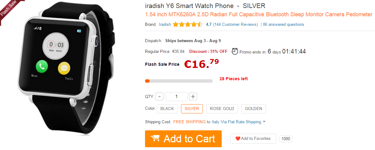 Iradish y6 smartwatch offerta gearbest