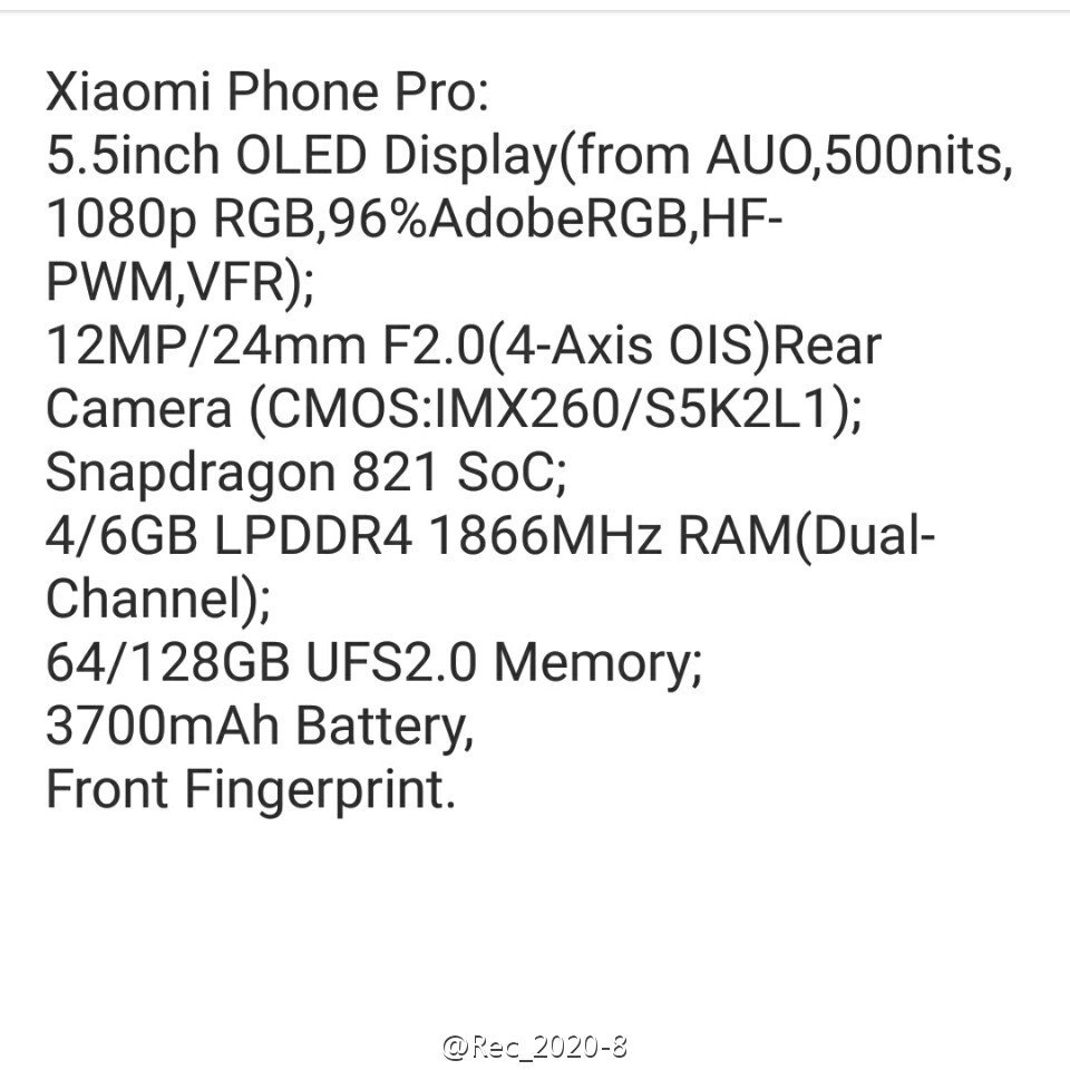 Xiaomi Phone Pro specifiche