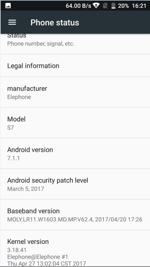 elePhone S7 Android 7.1.1