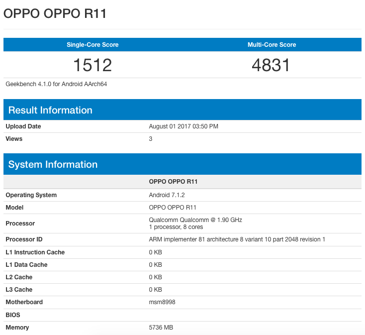 OPPO R11 Snapdragon 835 Geekbench