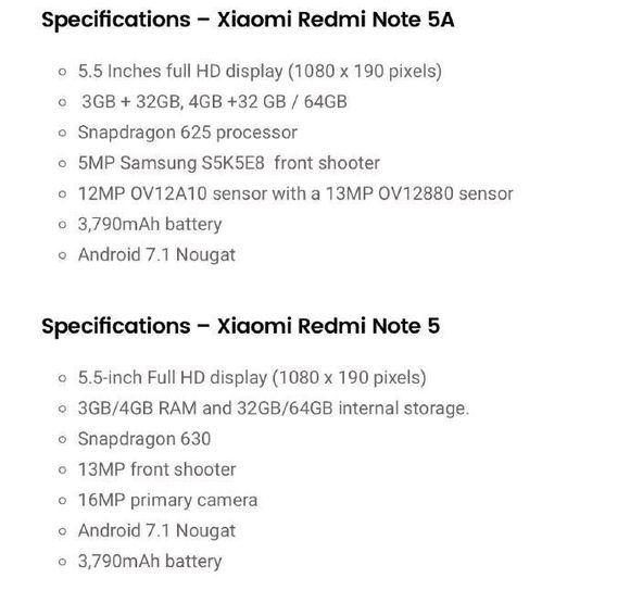 Xiaomi Redmi Note 5 Xiaomi Redmi Note 5A