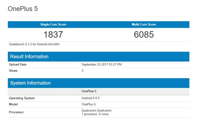 OnePlus 5 Android 8.0 Oreo Geekbench