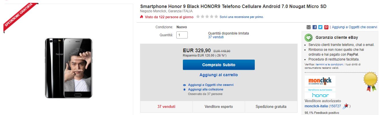Coupon eBay Honor 9 offerta