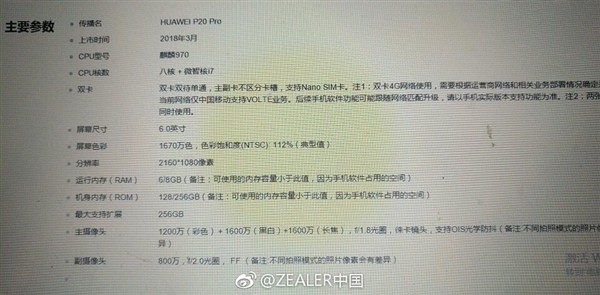 Huawei P20 Pro docuemnto leak