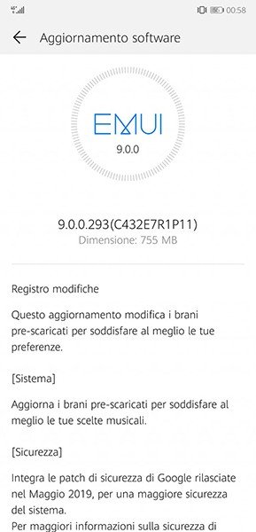 Huawei P20 Pro aggiornamento 9.0.0.293(C432E5R1P9)