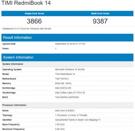 benchmark Xiaomi RedmiBook 14