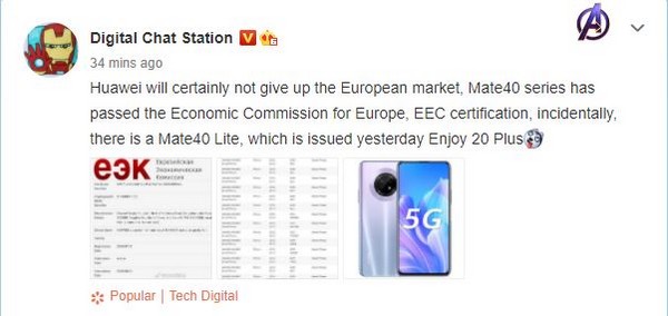 huawei mate 40 lite europa enjoy 20 plus certificazione eec