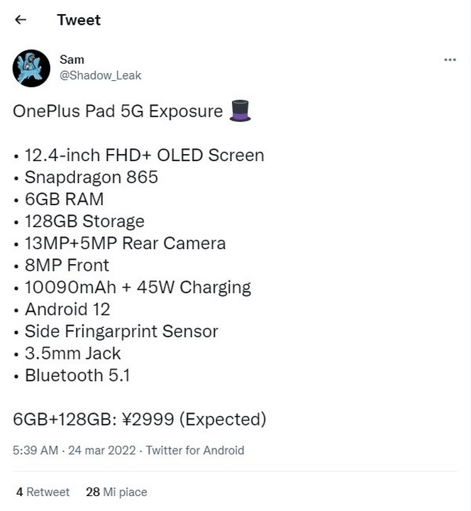 oneplus pad tablet caratteristiche specifiche dettagli leak
