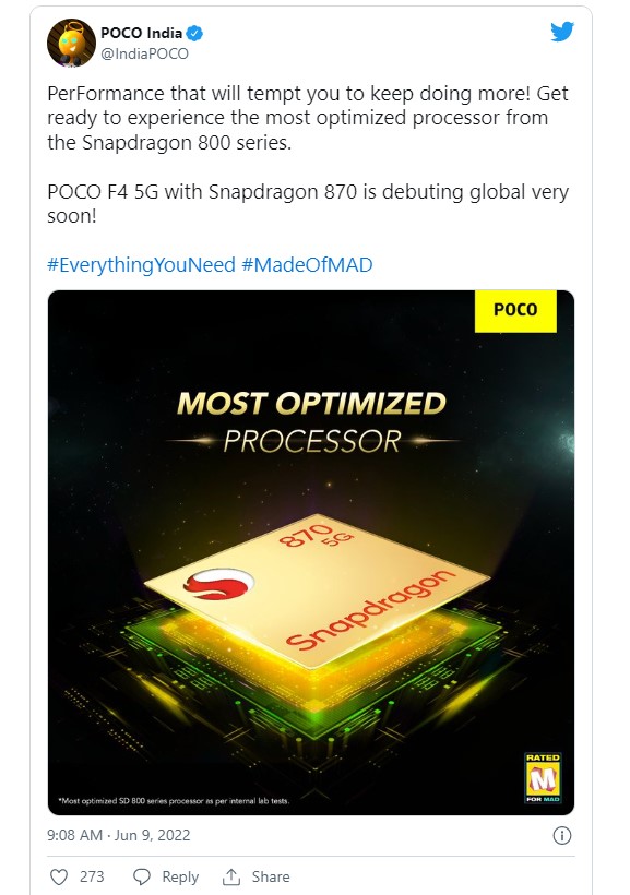 POCO F4 processore Snapdragon 870 confermato