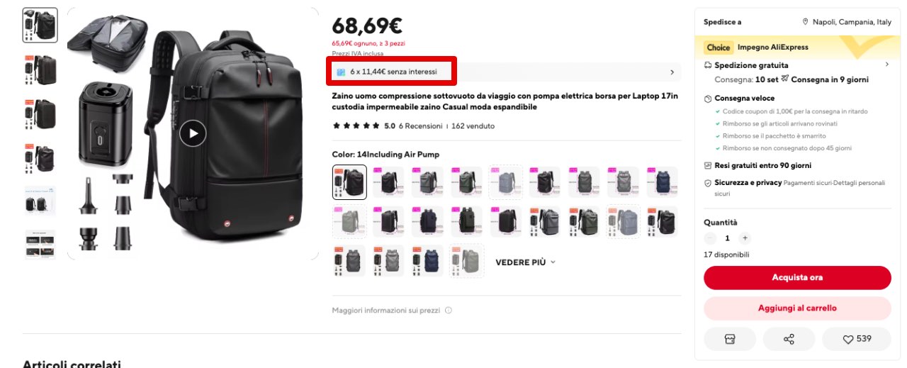 pagamento a rate con aliexpress